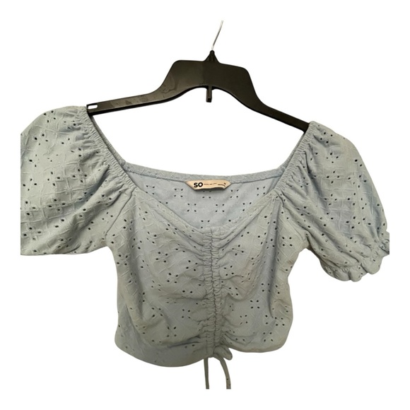 SO Tops - SO Blue Puff Sleeve Smocked Crop Blouse